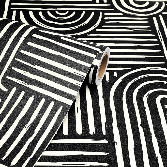 Livelynine 17.5x276 Mid Century Modern Wallpaper Geometric Black and White Peel and Stick Wall Paper with Designs Abstract Accent Wall Covering Aesthetic Bedroom Bathroom Line Contact Paper for Walls
