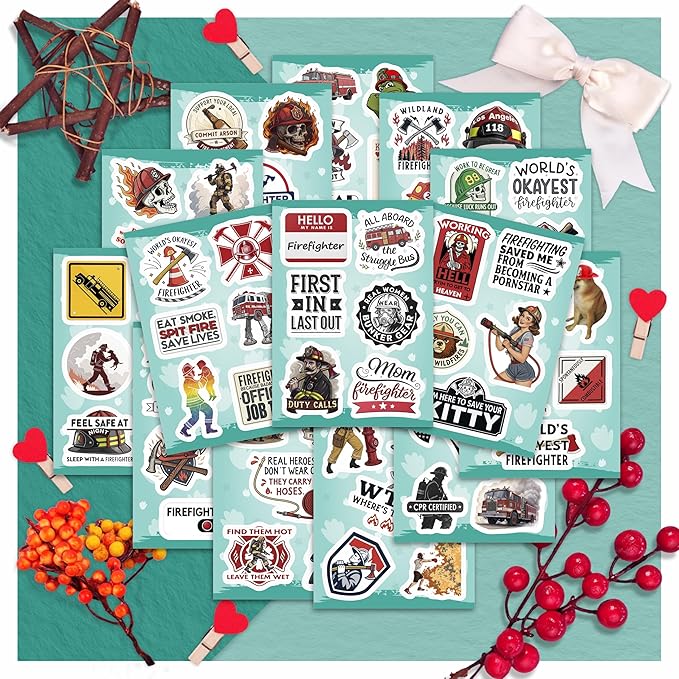 100Pcs Funny Firefighter Stickers for Helmets, Water Bottles, Laptop - Fireman Stickers for Hard Hat - Firefighter Gifts for Men - Fireman Party Supplies & Decorations