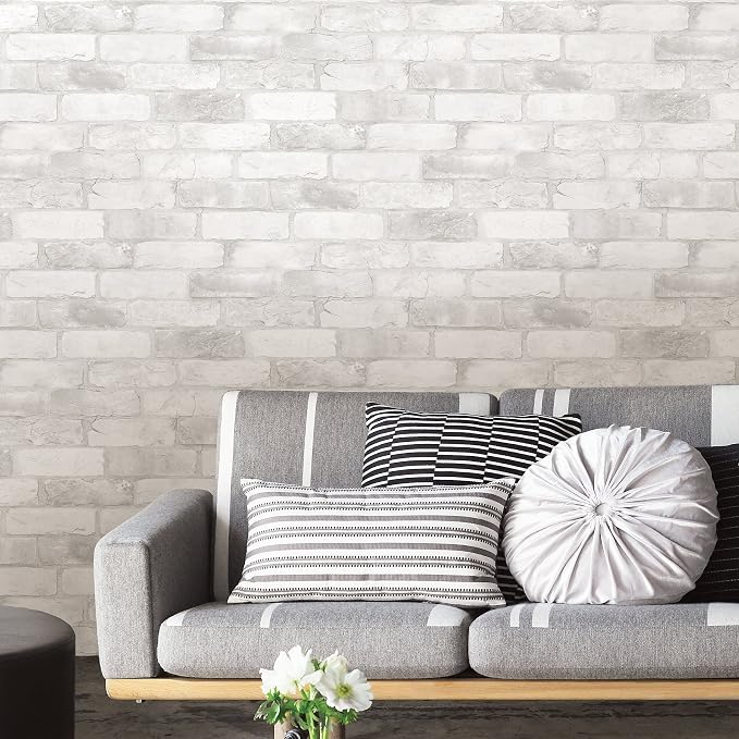 NuWallpaper Loft Brick Peel and Stick Wallpaper, White and Off-White, Textured Removable Wallpaper, 20.5 in x 18 ft