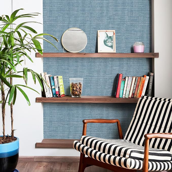 JiffDiff Grasscloth Wallpaper Peel and Stick Blue Grassweave Stick on Wallpaper Textured Self Adhesive Wall Paper Contact Paper 787" x 17.3"