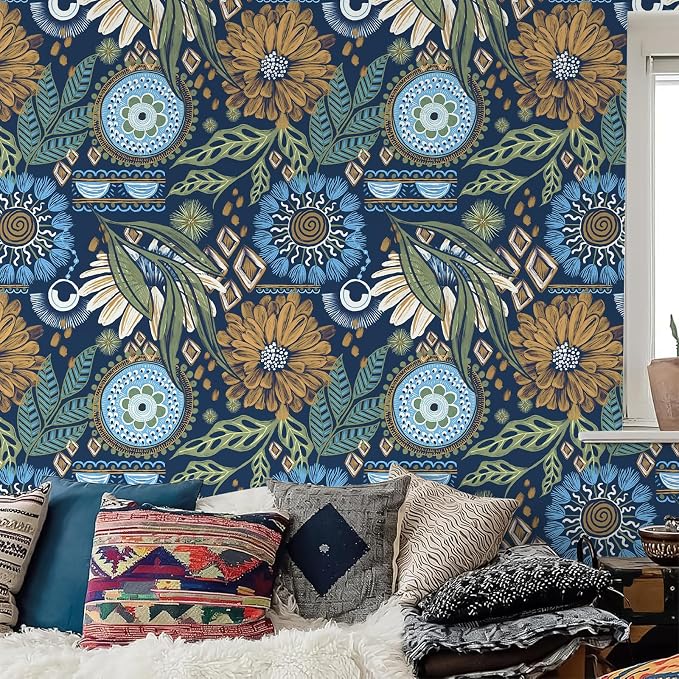 HAOKHOME Peel and Stick Wallpaper Boho Retro Floral Wall Paper Navy Blue Mustard for Bathroom Kitchen Accent Wall 17.3in x 9.8ft