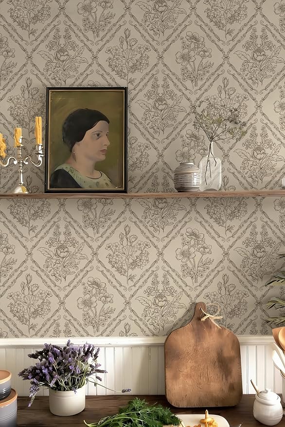 Toduso Vintage Peel and Stick Wallpaper Brown Floral Wallpaper for Kitchen Boho Neutral Contact Paper Removable Waterproof Self Adhesive Wall Paper for Bathroom Bedroom Drawer Decor Vinyl 17.3"x393.7"