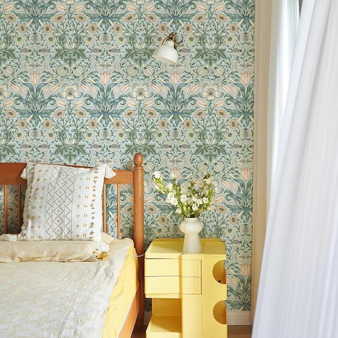 HueBurst 17.3"x394" Peel and Stick Vintage Floral Contact Paper Blue Background Pink Pomegranate Flower William Morris Wallpaper Self Adhesive Wall Paper Removable
