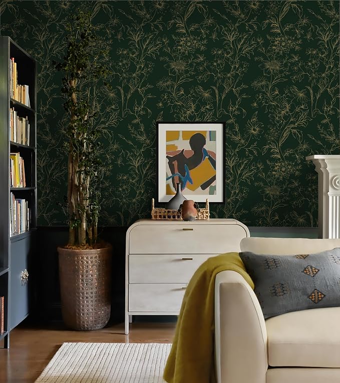 Hopepak 17.3''x197'' Floral Peel and Stick Wallpaper Gold and Green Contact Paper Self Adhesive Removable Wall Paper for Bedroom Waterproof for Bathroom Cabinet