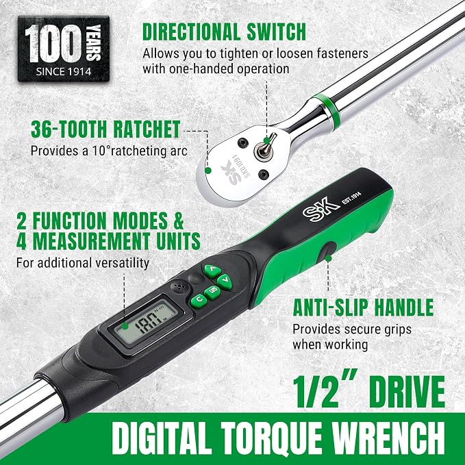 SK 1/2" Drive Digital Torque Wrench, 17 to 340 N-M, LED Display | Torquimetro, Four Units of Measure & Flash Notification