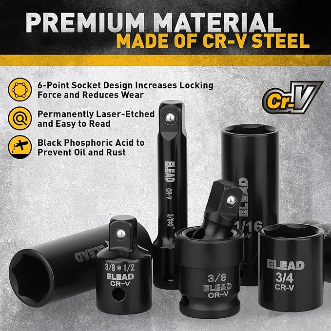 3/8" Drive Impact Socket Set - 50-Piece SAE (5/16" to 3/4") & Metric (8-22mm) Socket Wrench Set, 6-Point CR-V Steel Deep & Shallow Sockets with Ratchet Handle, Universal Joint, Extension Bar, Adapter