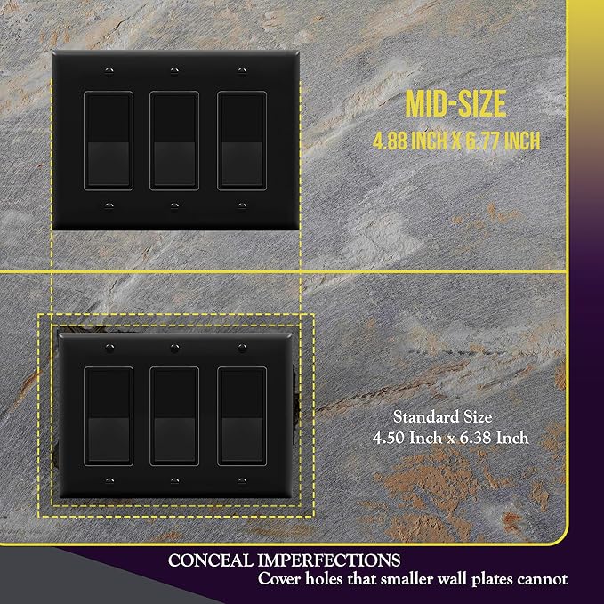 ENERLITES Decorator Light Switch or Receptacle Outlet Wall Plate, Gloss Finish, Mid-Size 3-Gang 4.88" x 6.77", Unbreakable Polycarbonate Thermoplastic, UL Listed, 8833M-BK-5PCS, Black, (5 Pack)