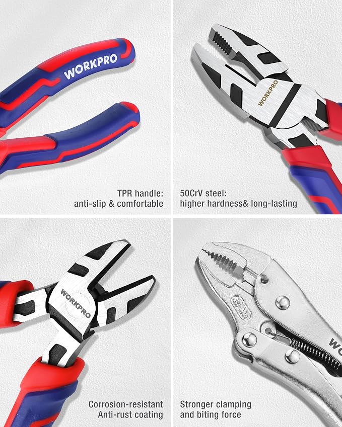 WORKPRO Pliers & Wrench Set, 12-Piece Pliers Tool Set with Organizer | 12-Piece Pliers Set Kit, CR-V & Carbon Steel, Ergonomic Grips, Ideal for Home & Garage, Suitable for Gifting