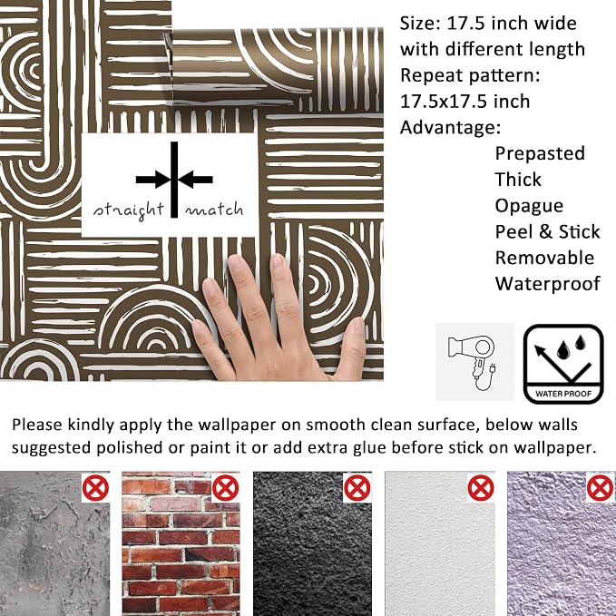 Livelynine Brown Geometric Wallpaper Peel and Stick Bold Abstract Wallpaper Living Room Accent Wall Paper Removable Minimalist Mid Century Modern Contact Paper for Cabinets Self Adhesive 17.5x78.8