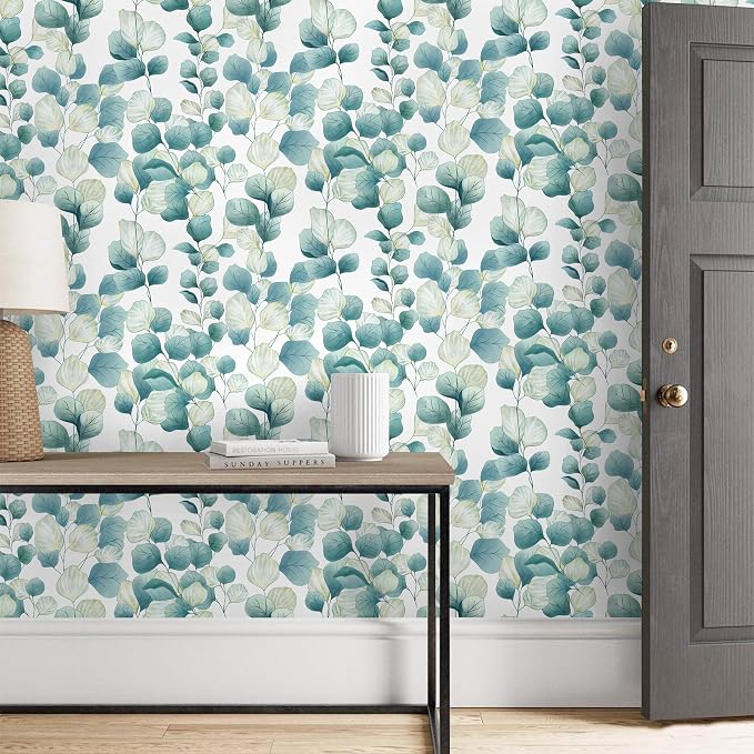 Timeet Peel and Stick Wallpaper Boho Leaf Contact Paper Removable Self Adhesive Vinyl Wall Paper Green and White Wall Mural Decoral for Cabinets and Drawers Countertops Waterproof 17.7"x 78.7"