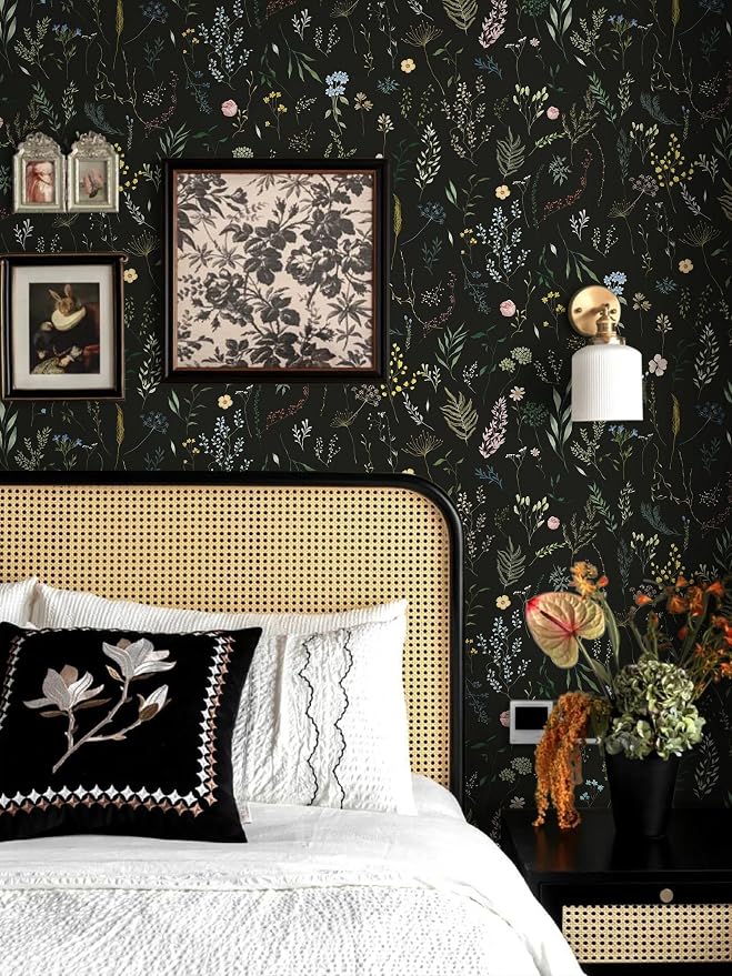 Dimoon 78.7"x16.1" Floral Peel and Stick Wallpaper Black Contact Paper Thicken Wallpaper Delicate Flower Waterproof Green Leaf White Self Adhesive Removable Wall Paper Shelf Liner Decal Vinyl Roll