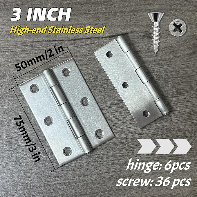 6 PCS 3 inch Stainless Steel Butt Door Hinges with Screws, Brushed/Satin Finish, 1.3mm Thick Small Cabinet & Box Hinges, Silver