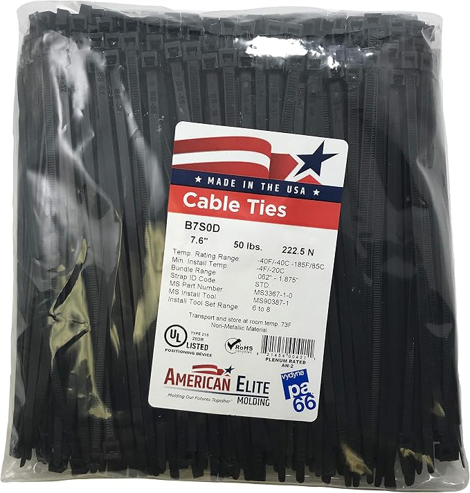 Standard Black 7" Inch Cable Zip Ties 50 Pounds Tensile Strength UV Resistant Wire Wrap - 100 Pack - Made in USA