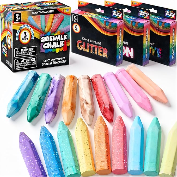 JOYIN 18 PCS Washable Sidewalk Chalk, 3 Packs Total, 3 Styles (Tie-Dye, Glitter & Neon), Outdoor Chalks for Painting, Drawing, Easter Basket Stuffers