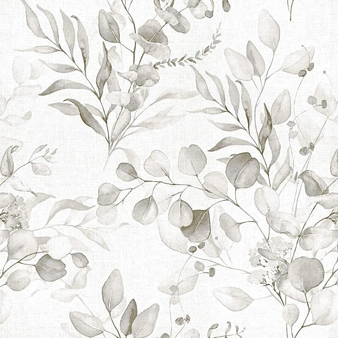Naphite Gray Floral Peel and Stick Wallpaper Boho Farmhouse 590in17.3in | Watercolor Eucalyptus Leaf, Thicken,Self Adhesive Wallpaper for Renter Bedroom Bathroom, Removable,Contact Paper for Cabinets