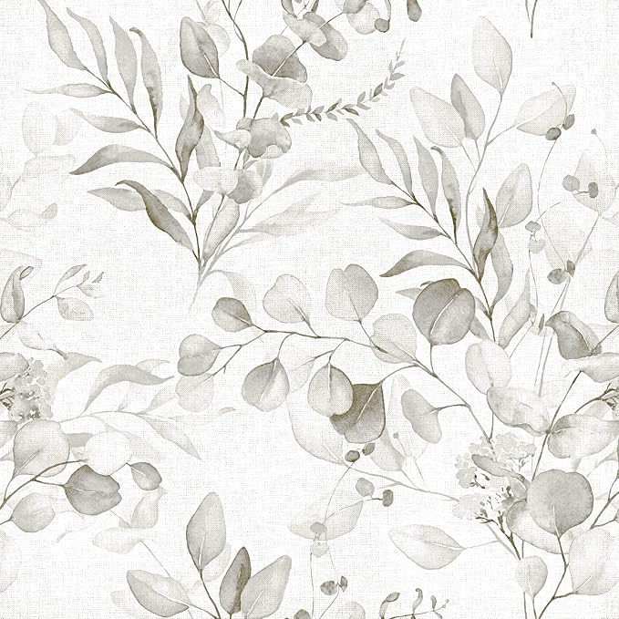 Naphite Gray Floral Peel and Stick Wallpaper Boho Farmhouse 197in17.3in | Watercolor Eucalyptus Leaf, Thicken,Self Adhesive Wallpaper for Renter Bedroom Bathroom, Removable,Contact Paper for Cabinets