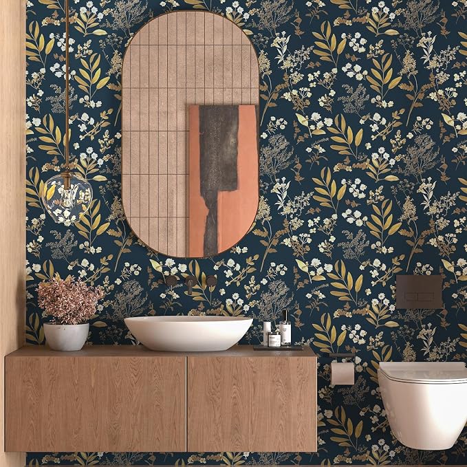 Vintage Dark Blue Floral Boho Peel and Stick Wallpaper 17.5"x787" | Self Adhesive/Removable/Waterproof/Thick Vinyl Extra Long Contact Paper for Bathroom Bedroom Shelf Cabinet Drawer,Prepasted