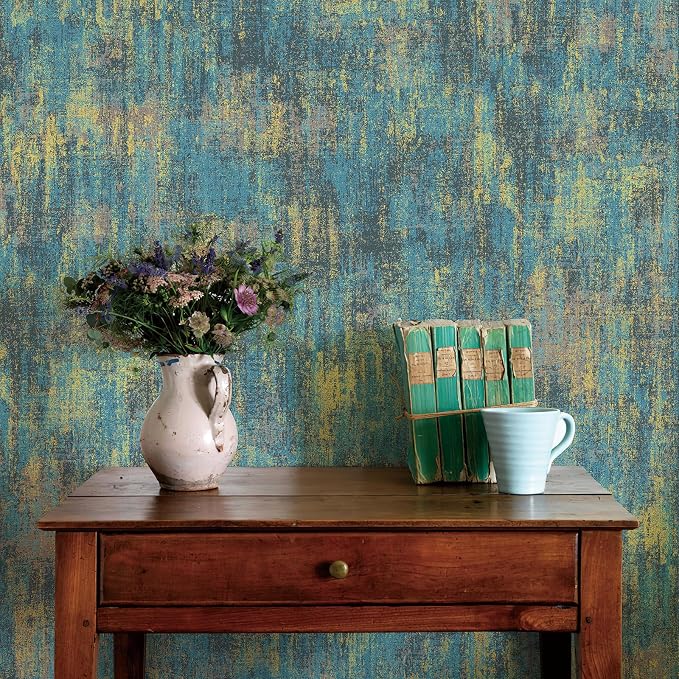 JiffDiff Vintage Metallic Peel and Stick Wallpaper Industrial Metallic Concrete Wall Paper Modern Stick on Wallpaper Self Adhesive Contact Paper(17.3" x 1200" Blue Gold)