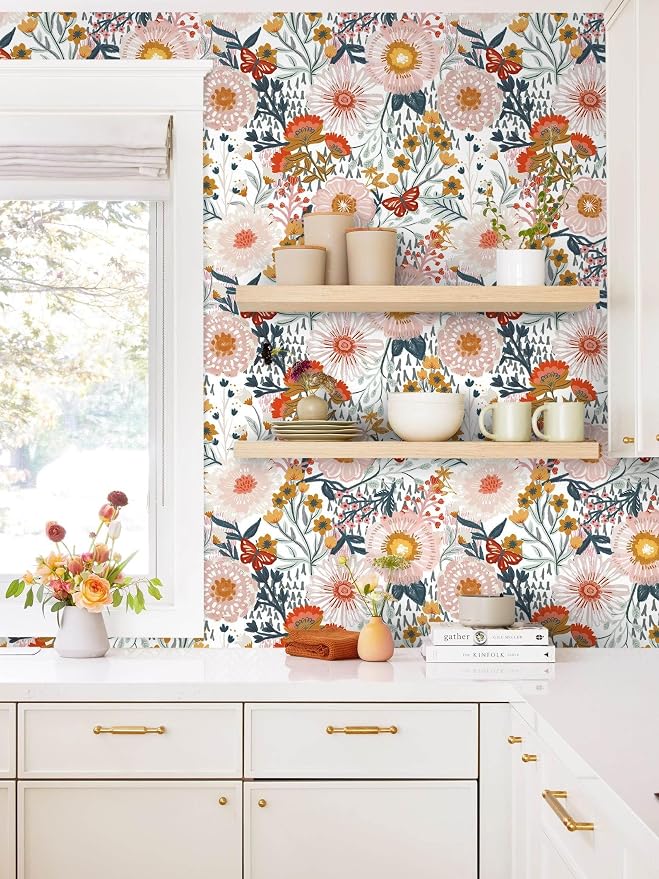 Dimoon Floral Wallpaper Peel and Stick Wallpaper Boho Retro Contact Paper 17.3''x78.7'' White Bohemian Vintage Removable Wall Paper Renter Friendly Waterproof Wall Mural Bedroom Bathroom Vinyl