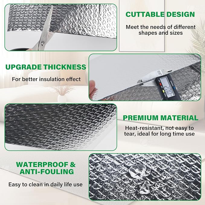 winemana Window Insulation Roll, 24IN x 10FT Reflective Heat Shield Bubble Film, Double-Sided Aluminum Foil Insulation, Weatherproof Garage Door Cover for Windows, RV, Basement, Winter & Summer