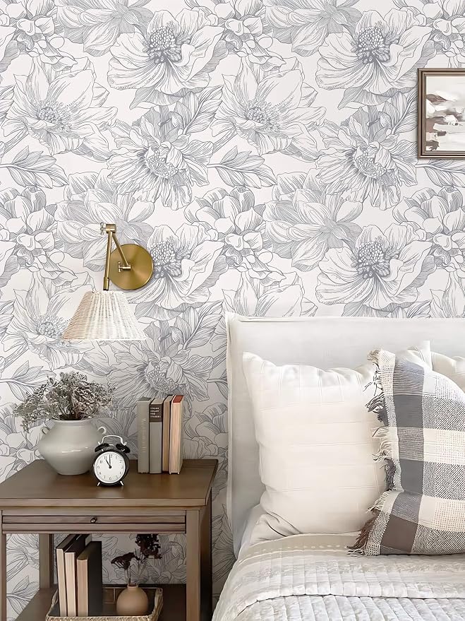 Ismoon Vintage Floral Wallpaper Peel and Stick Beige and Gray Contact Paper 17.3inx32.7ft Removable Self Adhesive Wall Paper for Bathroom Bedroom Cabinet Mural Wall Decor Vinyl Renter Friendly