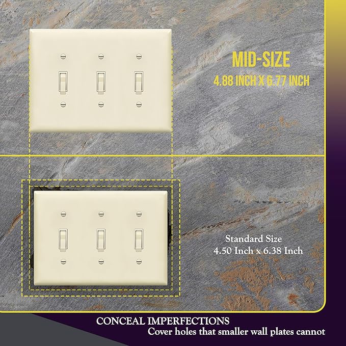 ENERLITES Triple Light Switch Wall Plate, Toggle Switch Plate, Gloss Finish, 3-Gang Mid-Size 4.88" x 6.77", Unbreakable Polycarbonate Thermoplastic, UL Listed, 8813M-LA, Light Almond