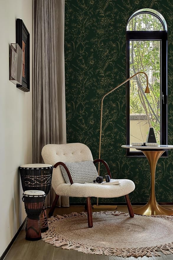 Hopepak 17.3''x197'' Floral Peel and Stick Wallpaper Gold and Green Contact Paper Self Adhesive Removable Wall Paper for Bedroom Waterproof for Bathroom Cabinet