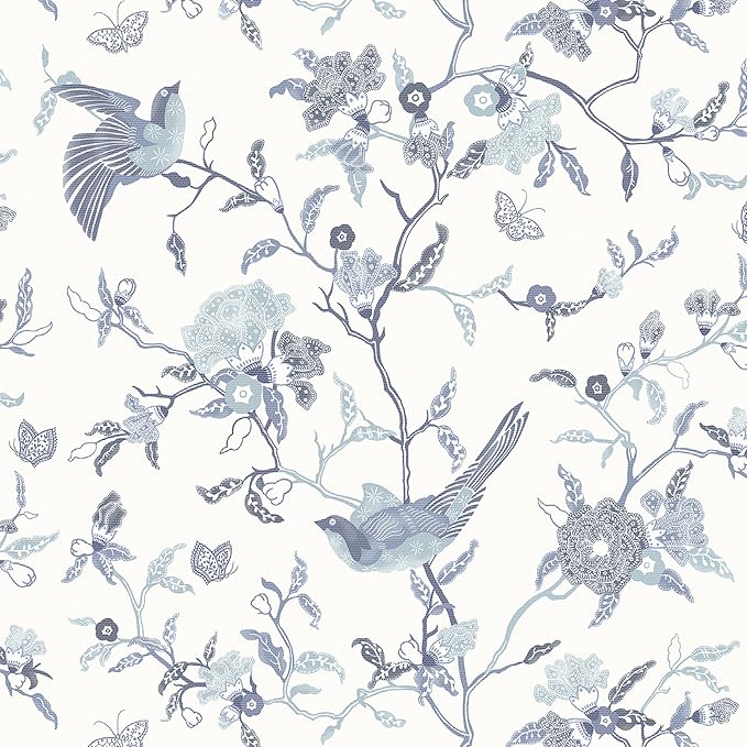 Timeet Peel and Stick Wallpaper Vintage Floral Contact Paper Blue and White Birds Wallpaper Removable Self Adhesive Flower Wall Paper for Bedroom Living Room 16.14"x393.7"