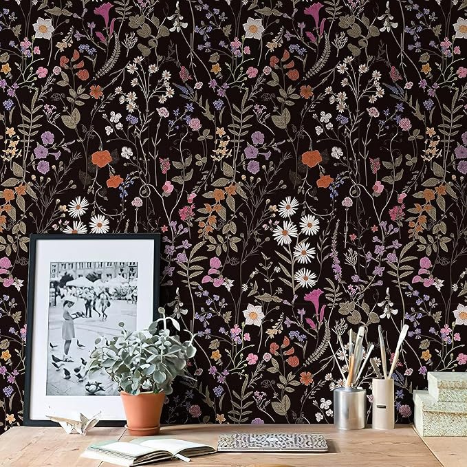 Wallpaper Self-Adhesive Blooming Vintage Colourful Flowers Wall Paper for Bedroom Living Room Cabinet, Peel and Stick Beige Sketch Little Flowers Wallpaper Mural 25.8sq. feet (236.2"x17.3", Black)