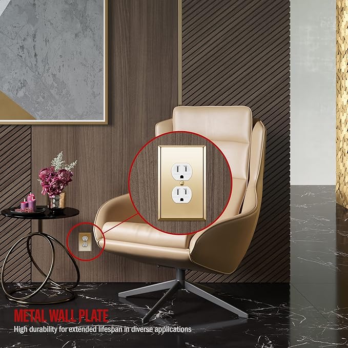 ENERLITES Duplex Receptacle Metal Wall Plate, Stainless Steel Outlet Cover, Corrosion Resistant, Mid-Size 1-Gang 4.88" x 3.11", Stainless Steel 201, 7721M-PB, Polished Brass