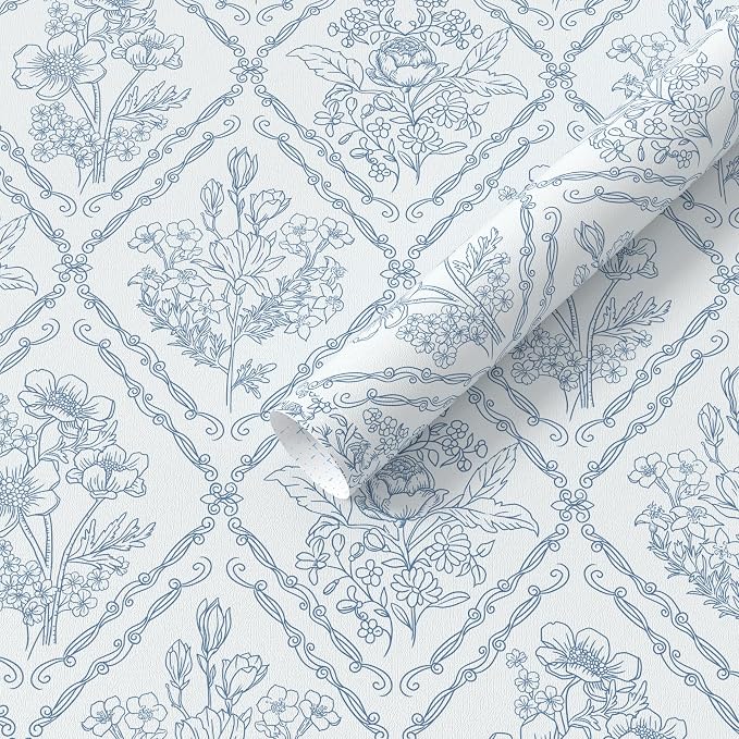 Toduso Peel and Stick Wallpaper Vintage Wall Paper Blue and White Contact Paper Floral Removable Wallpaper for Bathroom Bedroom Flower Waterproof Self Adhesive Vinyl Drawer Decor 17.3"x196.8"