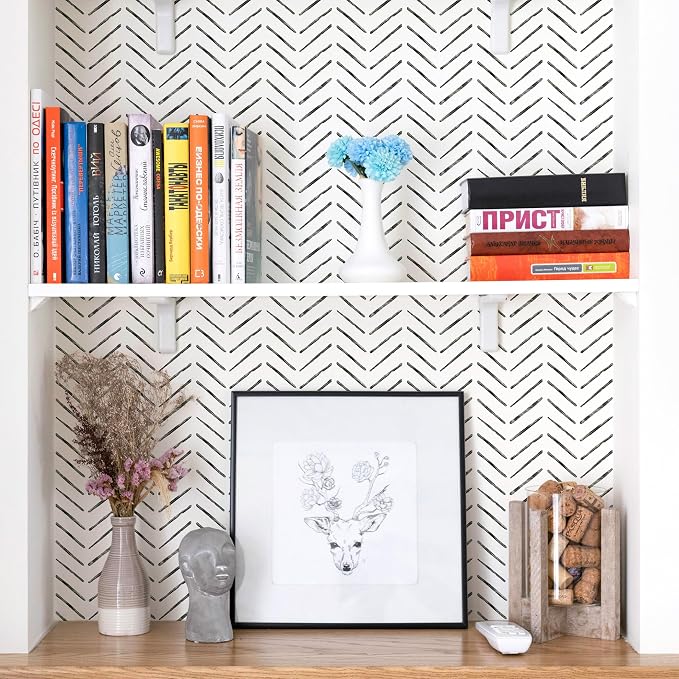 Rugreat Black Herringbone Peel and Stick Wallpaper Modern 78.8inL17.3inW | Stripe Contact Paper for Cabinets Neutral Self Adhesive Removable Wallpaper for Bedroom Bathroom Waterproof Black and White