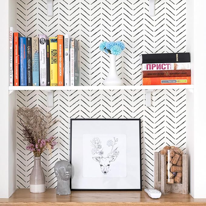 Rugreat Black Herringbone Peel and Stick Wallpaper Modern 788inL17.3inW | Stripe Contact Paper for Cabinets Neutral Self Adhesive Removable Wallpaper for Bedroom Bathroom Waterproof Black and White