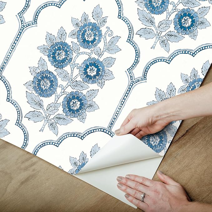 NuWallpaper x Society Social Floral Bazaar Delft Blue Peel and Stick Wallpaper, SSS6315