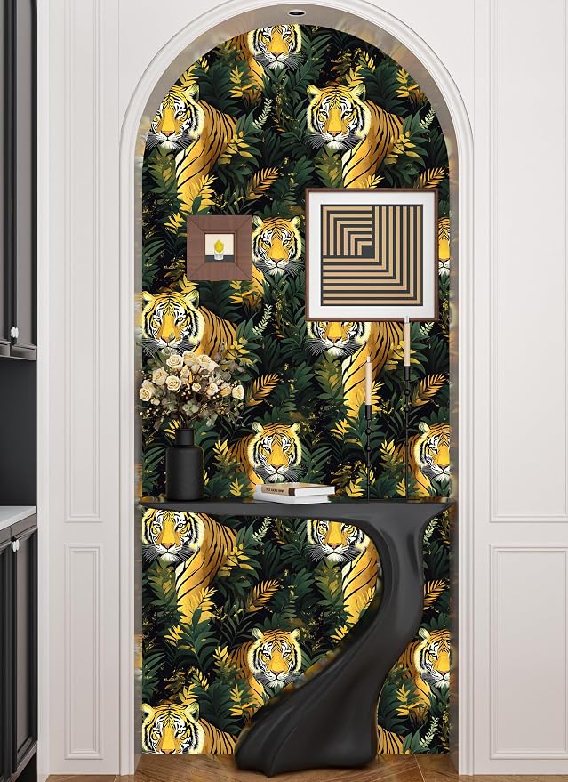Gold Vintage Tiger Peel and Stick Wallpaper 17.5" x 118" | Waterproof Vinyl Self Adhesive Removable Renter Friendly Floral Contact Paper