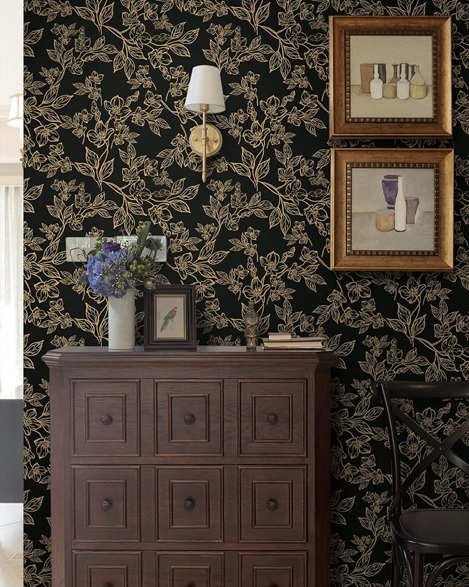 Ismoon Floral Peel and Stick Wallpaper Vintage Black and Gold Contact Paper Dark Stick on Wallaper Removable Self Adhesive Wall Paper for Cabinets Shelf Drawer Bedroom Vinyl Roll 17.3x196in