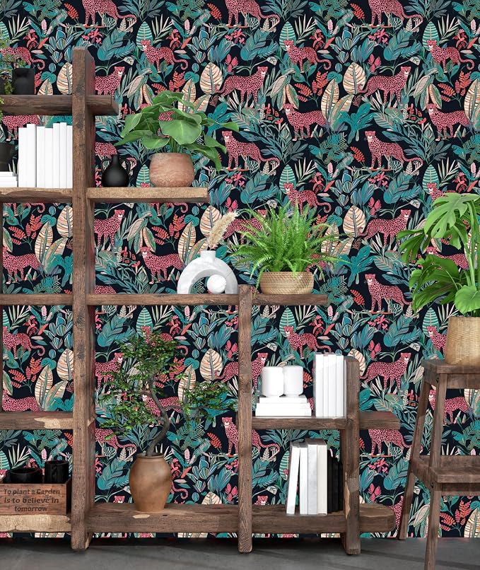 Pink Vintage Leopard Peel and Stick Wallpaper 17.5" x 118" | Waterproof Vinyl Self Adhesive Removable Renter Friendly Floral Contact Paper