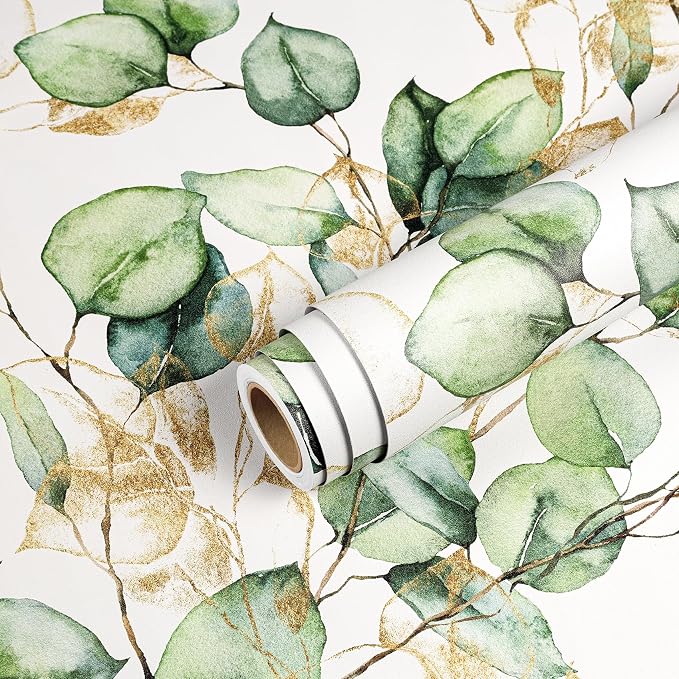 Livelynine 17.5x276 Green Gold Peel and Stick Wallpaper Boho Green Eucalyptus with Gold Watercolor Botanical Wall Paper for Bathroom Bedroom Renter Friendly Eucalyptus Teacher Contact Paper Adhesive