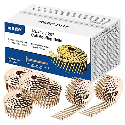 meite 14,400PCS Coil Roofing Nails 1-3/4 Inch Leg for Roofing Nailer Gun, 15 Degree Round Head Wire-Weld Collated Coil Nail, Pro Contractor-Pack Roofing Nails for Roof Repair Asphalt Shingles
