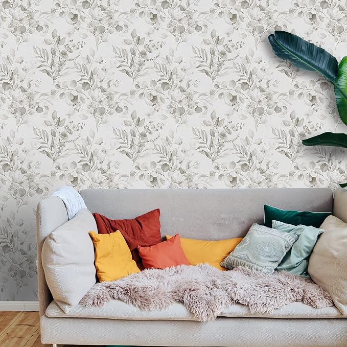 Naphite Gray Floral Peel and Stick Wallpaper Boho Farmhouse 118in17.3in | Watercolor Eucalyptus Leaf, Thicken,Self Adhesive Wallpaper for Renter Bedroom Bathroom, Removable,Contact Paper for Cabinets