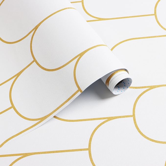 Yasinet Peel and Stick Wallpaper White and Gold Wallpaper Modern Geometric Contact Paper White/Gold Stripe Self Adhesive Wall Paper Decorative for Wall Bedroom 17.3''x393.7''