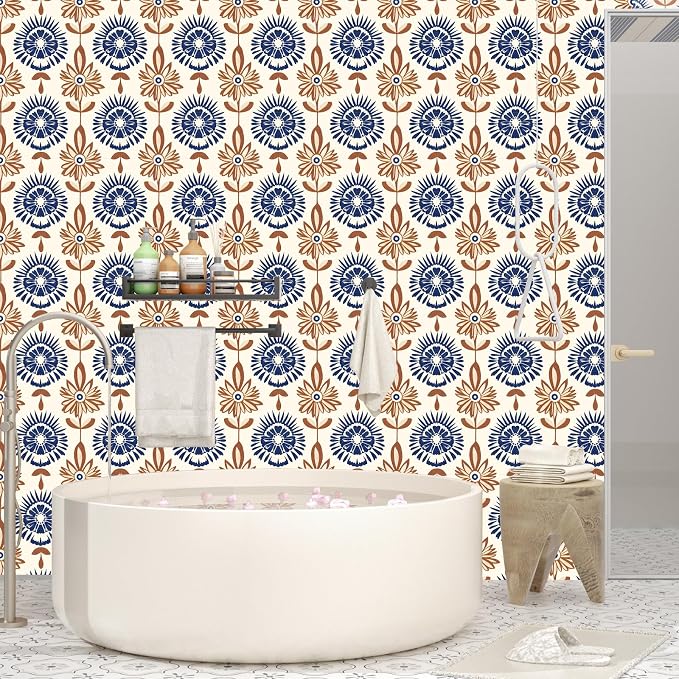 BOKEBEVE Super Long Floral Contact Paper Boho Beige Brown 17.5 x 787In | Wallpaper Peel and Stick Removable Wall Paper for Accent Walls Drawer Cabinet Bedroom Renter Friendly