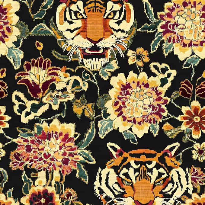 Yellow Gold Vintage Tiger Peel and Stick Wallpaper 17.5" x 393" | Waterproof Vinyl Self Adhesive Removable Renter Friendly Floral Contact Paper