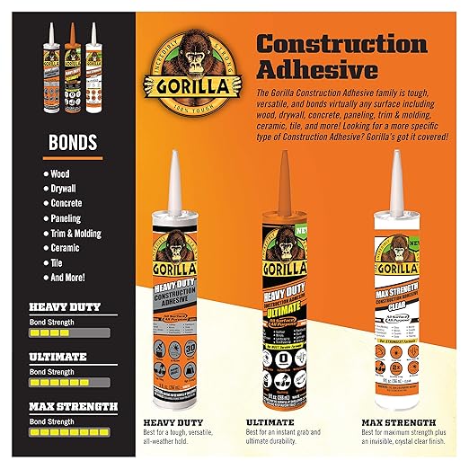 Gorilla Heavy Duty Construction Adhesive, White Glue, 9 Ounce Cartridge (Pack of 1) - Gap Filling and Waterproof
