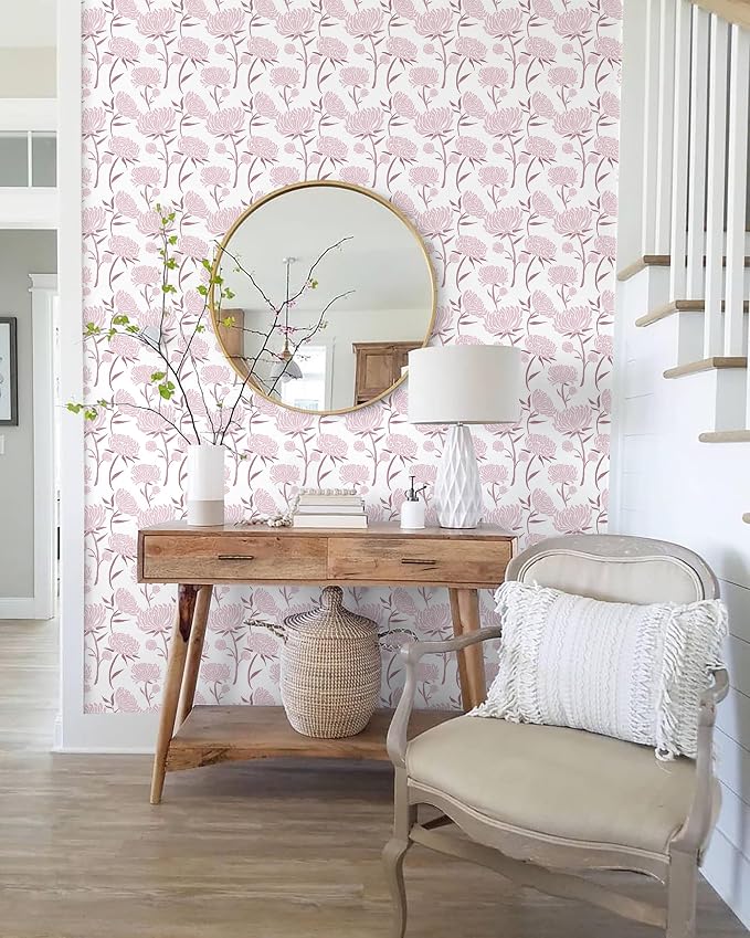 Hopepak Peel and Stick Wallpaper Floral Contact Paper Pink Wall Paper Modern Self Adhesive Removable Vinyl Wallpaper for Bedroom 17.3" x 78.7"