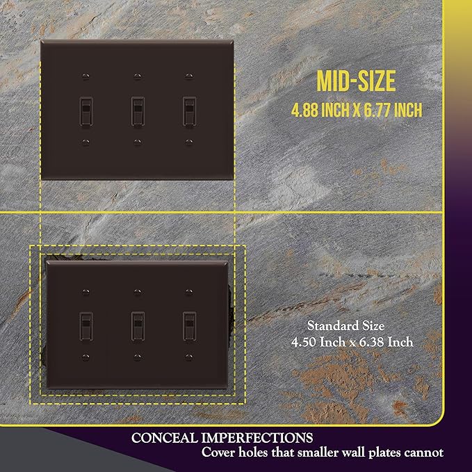 ENERLITES Triple Light Switch Wall Plate, Toggle Switch Plate, Gloss Finish, 3-Gang Mid-Size 4.88" x 6.77", Unbreakable Polycarbonate Thermoplastic, UL Listed, 8813M-BR, Brown