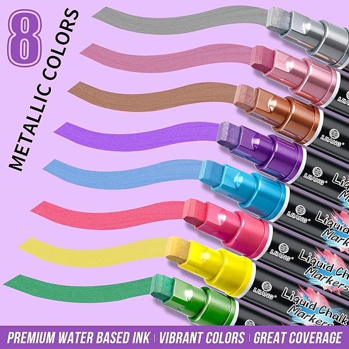 IJIANG Metallic Chalk Markers 8 Colors, Jumbo Liquid Chalk Markers with 10mm 3-in-1 Tips Perfect for Window Cars Glass Mirror and Blackboard Whiteboard Chalkboard, Dry & Wet Erase Pens