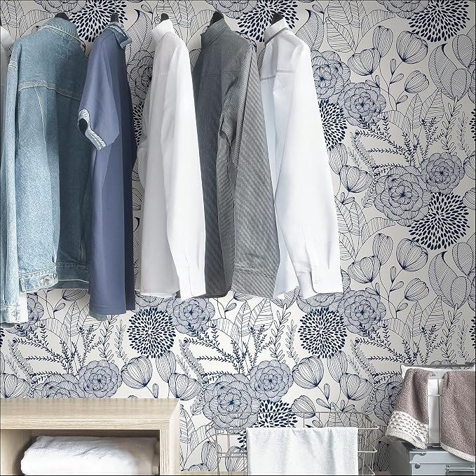 NuWallpaper by WallPops NUS3830 Navy Secret Garden Peel & Stick Wallpaper, Blue