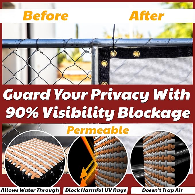 Amgo Custom Made 8' x 24' White Fence Privacy Screen Windscreen with Bindings & Grommets, Heavy Duty for Commercial and Residential, 90% Blockage, Cable Zip Ties Included (We Customize)