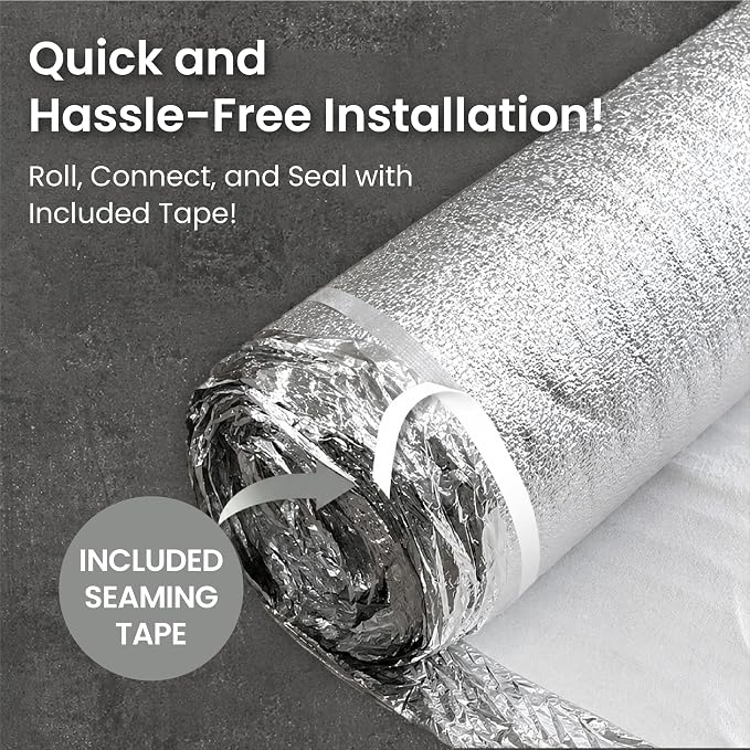 3-in-1 Acoustic Premium Floor Underlayment - 200 sqft Roll - 3mm Thick EPE with Silver Foil Vapor Barrier with Tape - Moisture Barrier, Thermal Insulation, Sound Insulation (Silver Protect)